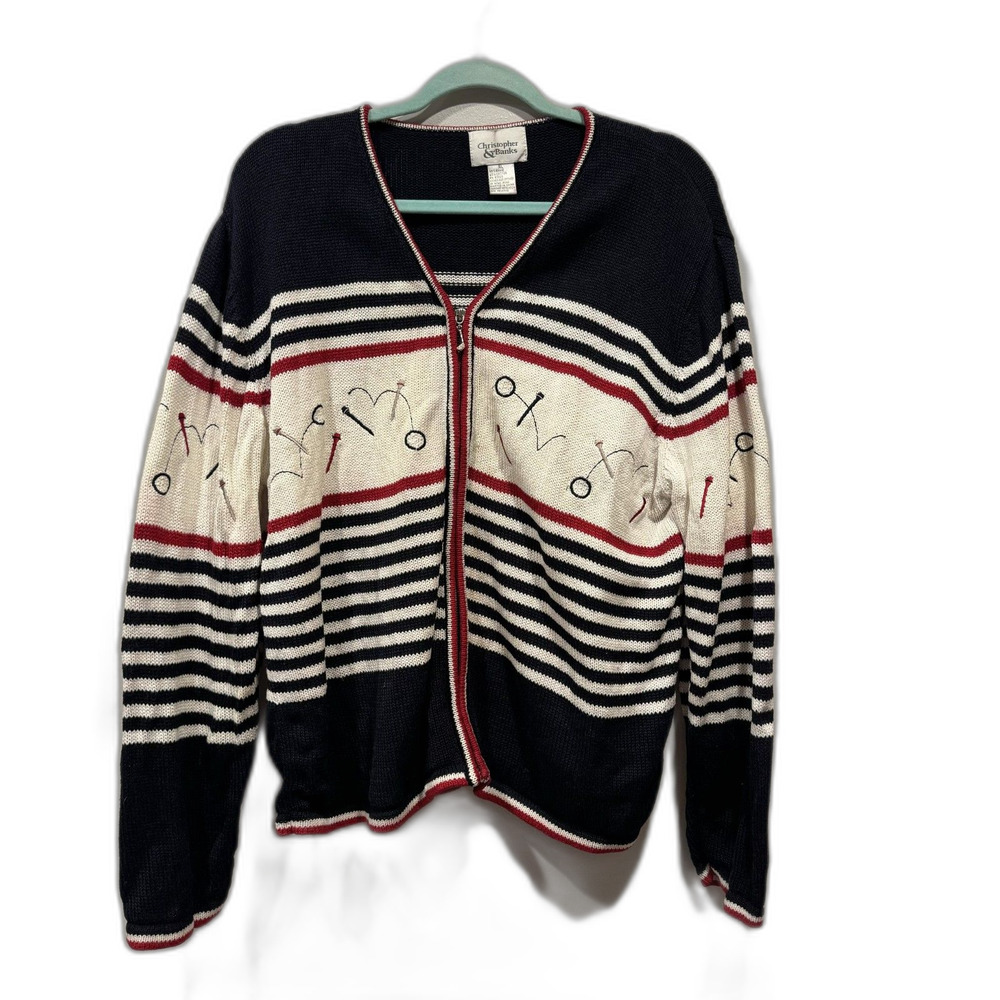 Vintage Cardigan Sweater Golf Embroidered Preppy Knit Zip Striped Navy Women XL